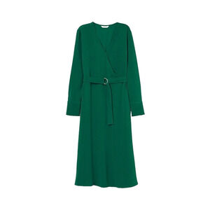 H&M knee-length Women's Midi Dress Size 6 Green faux-wrap Long Sleeve Belted